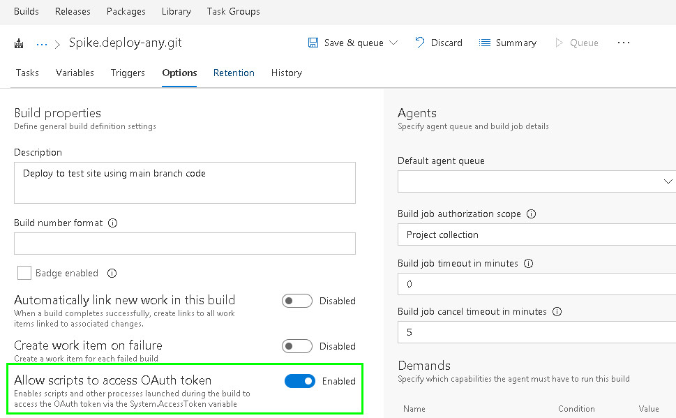 Options enable OAuth token